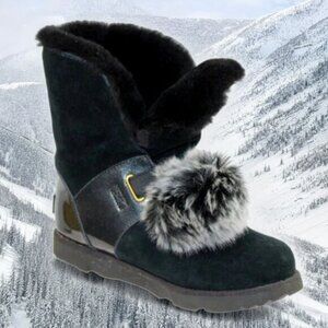 UGG Isley Shearling Lined Pom-Pom Black Shimmer Slip-On Tall Ankle Boot, Size 5